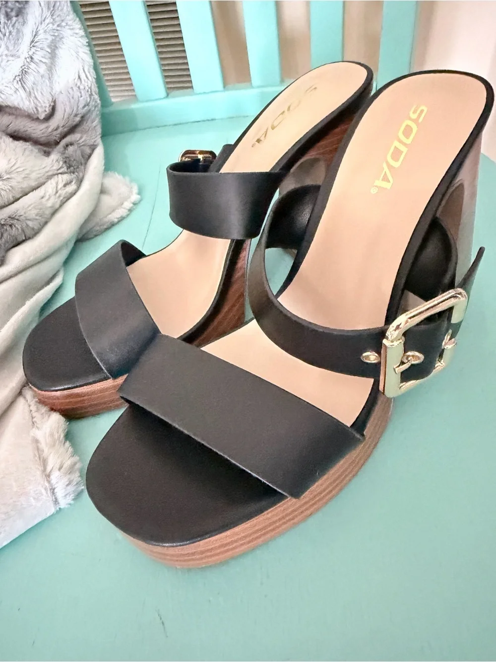 Soda Black Platform Block Heel Sandals with Gold Buckle